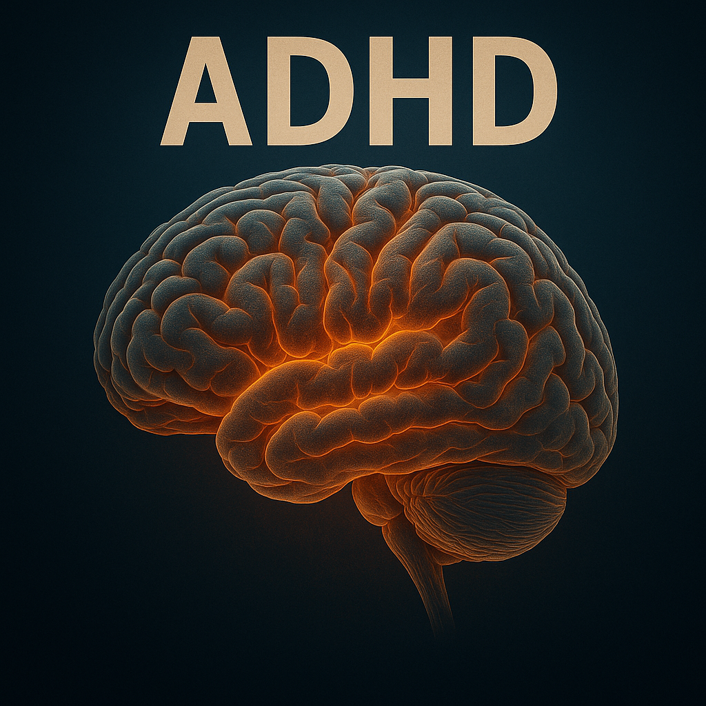 3D illustration of a glowing human brain with the word ADHD above it, symbolizing neurological activity and attention-deficit/hyperactivity disorder