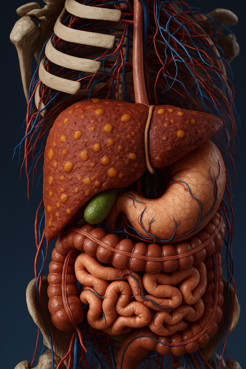 3D anatomical illustration of the human liver, gallbladder, stomach, intestines, and surrounding blood vessels, showing detailed structure and realistic textures