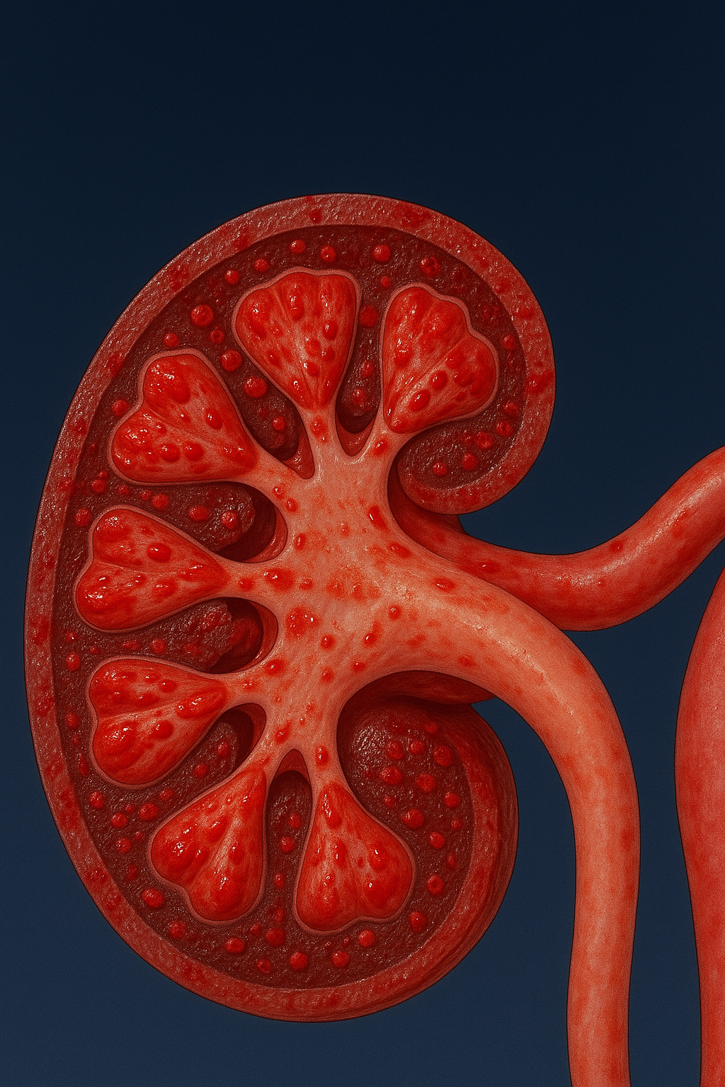 It shows detailed internal kidney anatomy, including the renal pyramids, calyces, and pelvis.