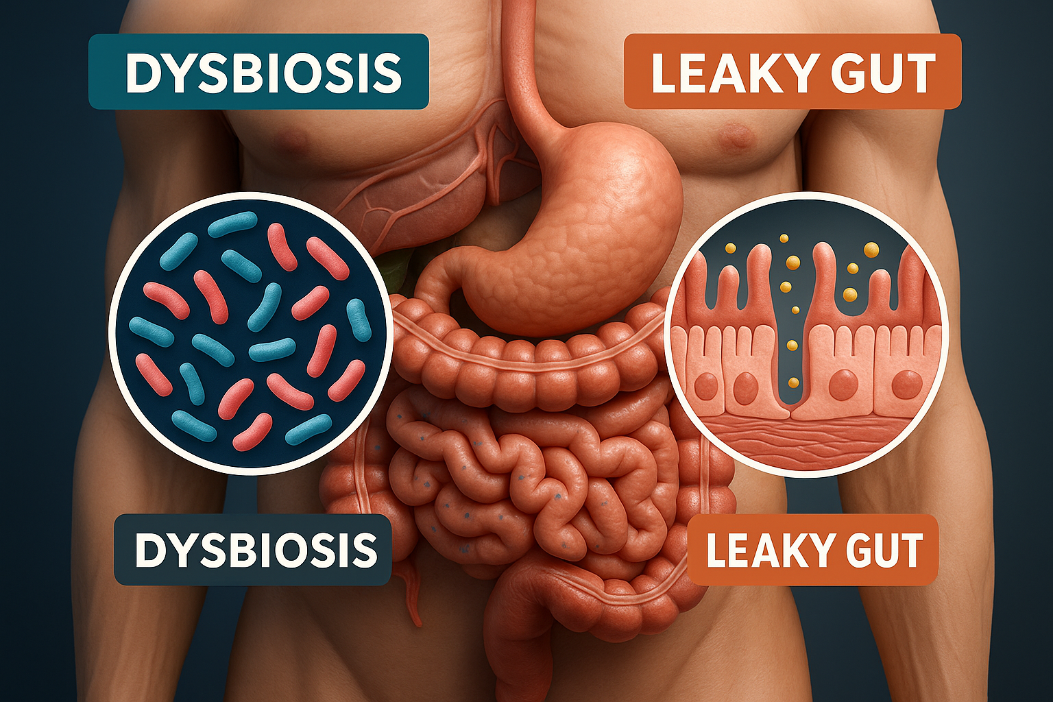 3D anatomical illustration comparing dysbiosis and leaky gut, showing disrupted gut microbiome and intestinal permeability inside the human digestive system.