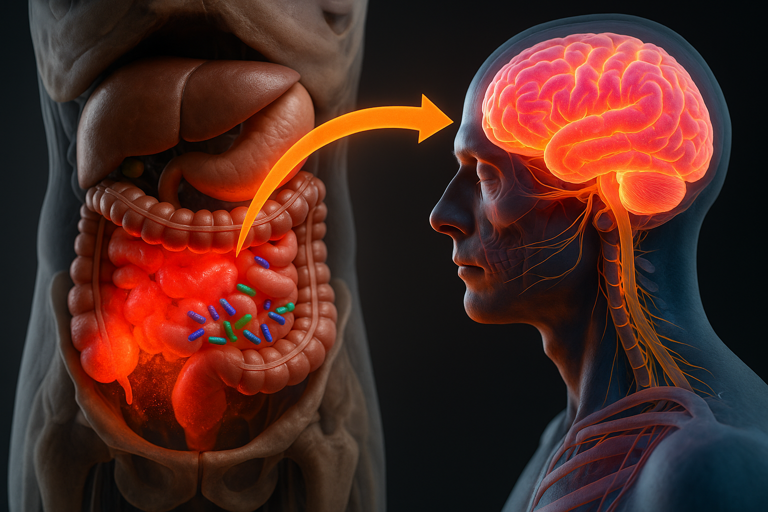 The image features a realistic cross-section of the human torso highlighting the digestive system with red inflammation in the intestines, connected by an arrow to a side view of a human head with an illuminated brain and neural pathways. 