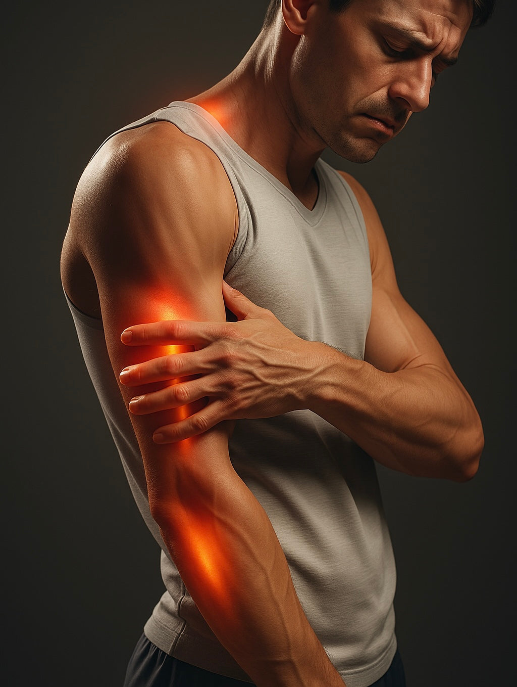 A fit man in a gray tank top holds his upper arm in visible discomfort, with a glowing red highlight along the shoulder and bicep, symbolizing pain or inflammation potentially linked to vitamin D deficiency.