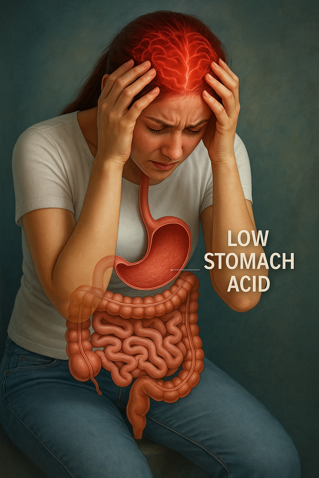 3D medical illustration showing the connection between low stomach acid, gut dysfunction, and migraines, highlighting the digestive tract and brain to demonstrate the gut-brain link in chronic headaches.