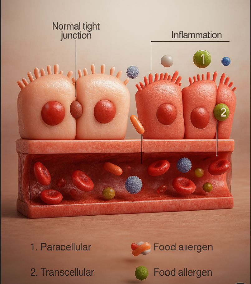 Diagram showing the difference between normal tight gut junctions and inflamed, leaky gut with immune responses and food allergens passing through.